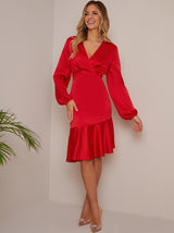 Long Sleeve V Neck Satin Midi Dress in Red