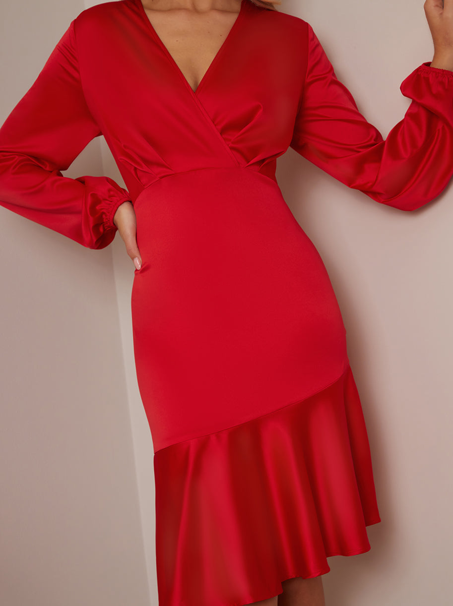 red satin midi dress with sleeves Long Sleeve V Neck Satin Midi Dress in Red