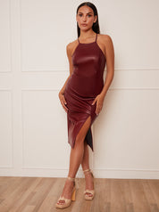 Petite Halter Neck Bodycon Faux Leather Midi Dress in Wine
