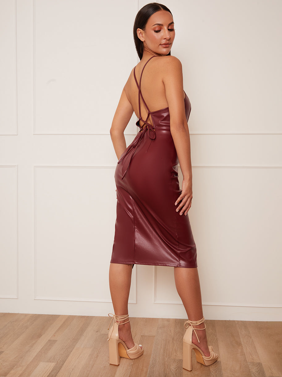 Petite Halter Neck Bodycon Faux Leather Midi Dress in Wine
