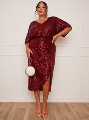 Plus Size V Neck Sequin Midi Dress in Red
