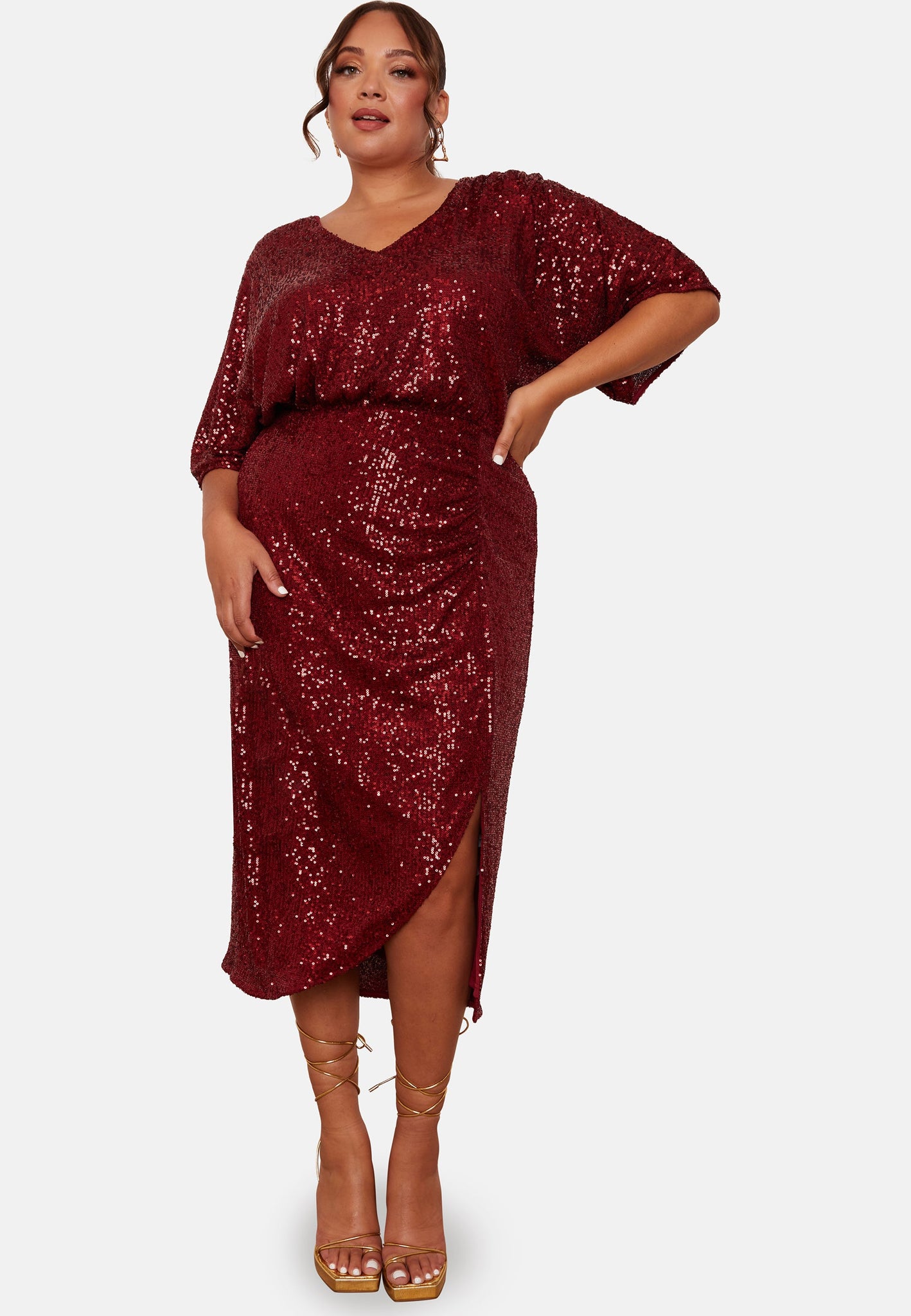 Plus Size V Neck Sequin Midi Dress in Red | Chi Chi London UK Plus Size V Neck Sequin Midi Dress in Red | Chi Chi London UK