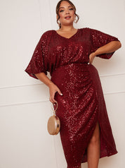 Plus Size V Neck Sequin Midi Dress in Red