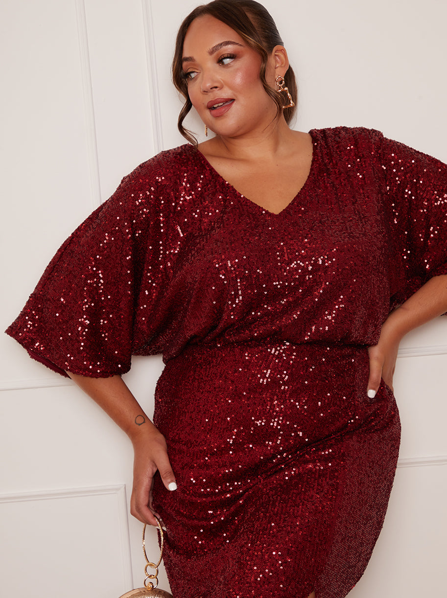 Plus Size V Neck Sequin Midi Dress in Red