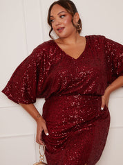 Plus Size V Neck Sequin Midi Dress in Red
