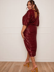 Plus Size V Neck Sequin Midi Dress in Red