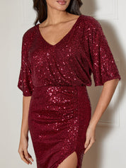 V Neck Sequin Midi Dress in Red