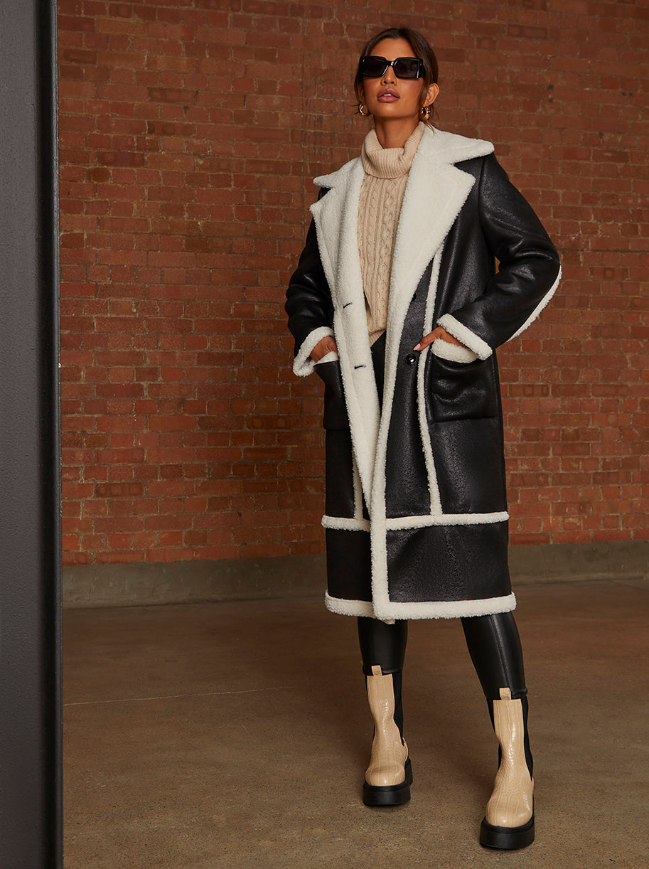 Contrast Trim Borg Coat in Black