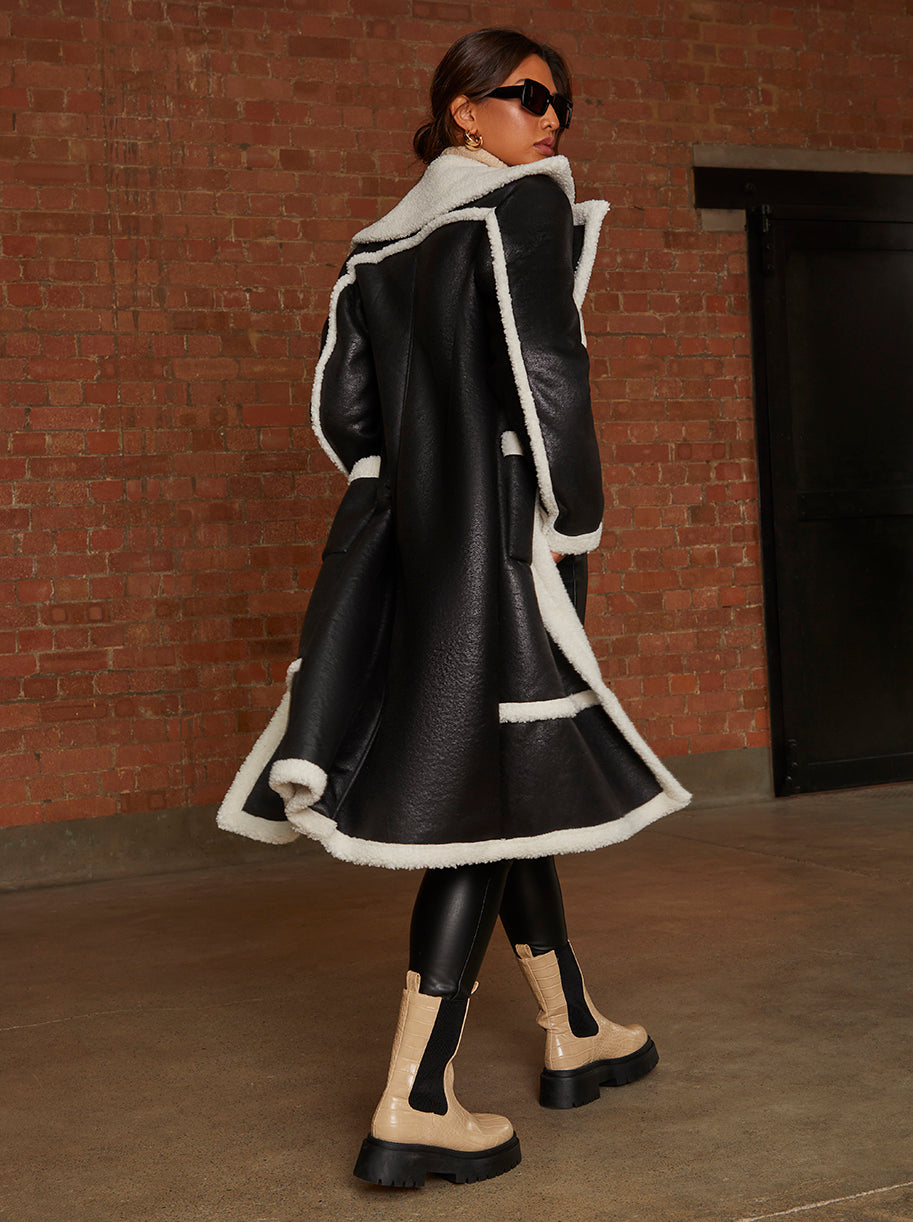 Contrast Trim Borg Coat in Black