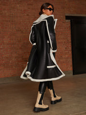 Contrast Trim Borg Coat in Black