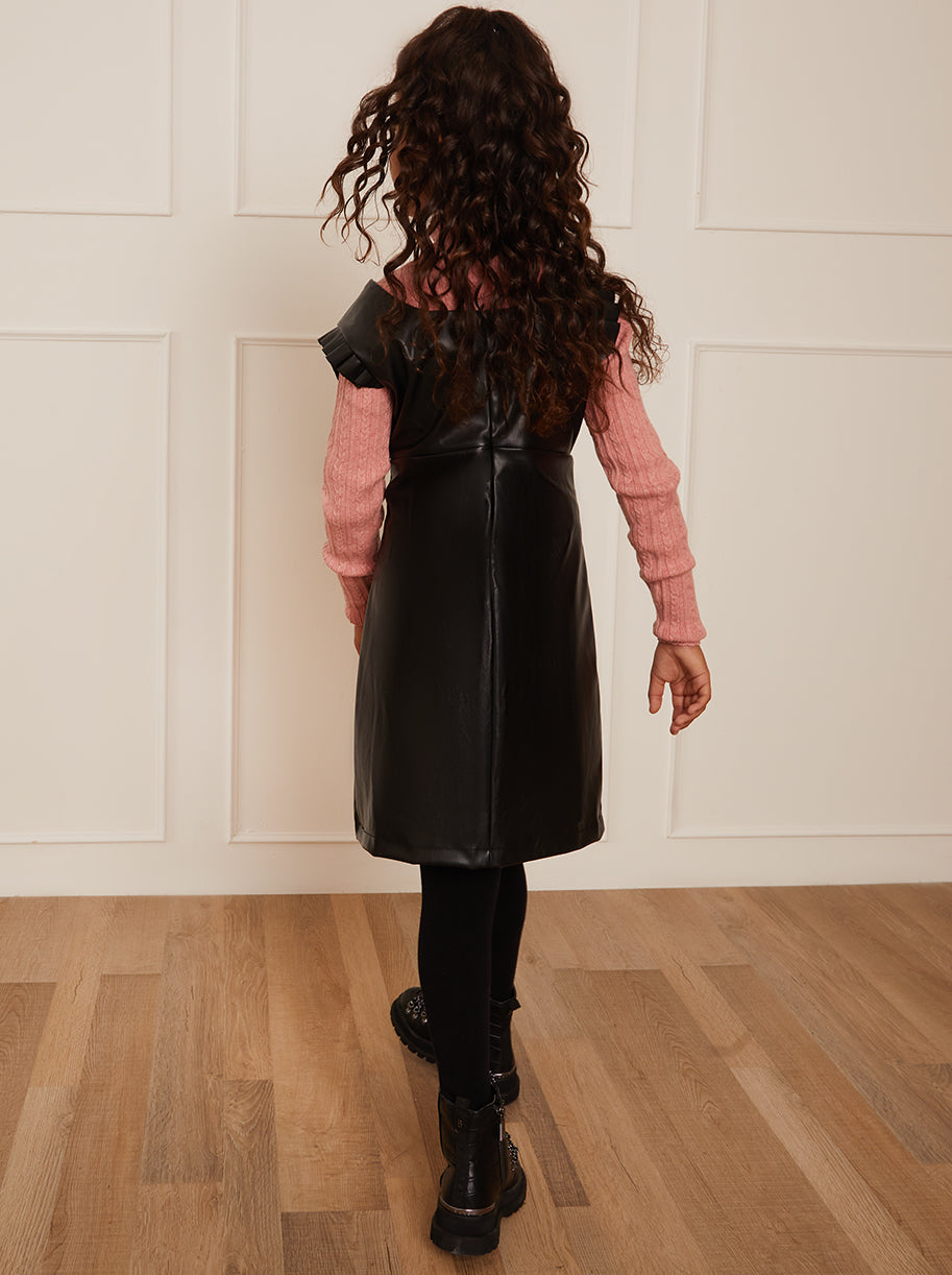 Girls Ruffle Sleeve Faux Leather Pinafore Dress in Black | Chi Chi London UK Girls Ruffle Sleeve Faux Leather Pinafore Dress in Black | Chi Chi London UK