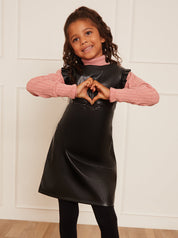 Girls Ruffle Sleeve Faux Leather Pinafore Dress in Black