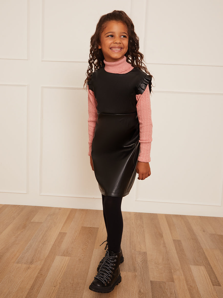 Girls Ruffle Sleeve Faux Leather Pinafore Dress in Black