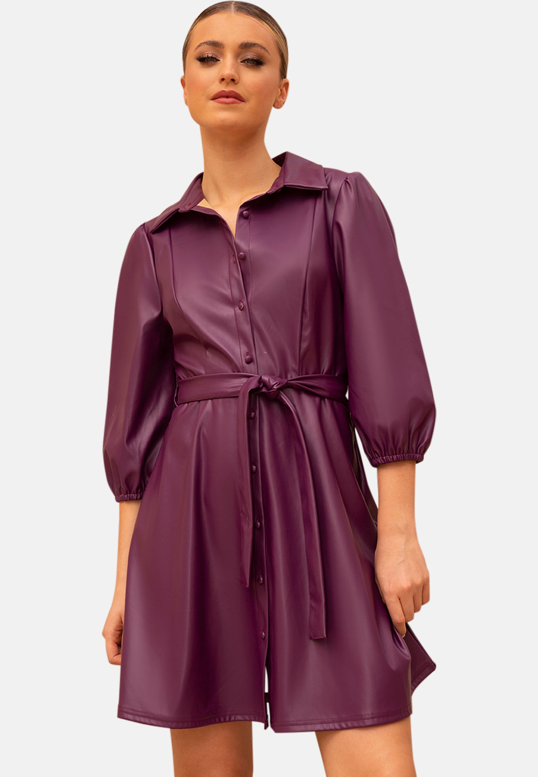 Chi Chi Balloon Sleeve Faux Leather Shirt Dress in Purple, Size 6 Chi Chi Balloon Sleeve Faux Leather Shirt Dress in Purple, Size 6