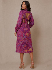 Long Sleeve V Neck Floral Abstract Midi Dress in Purple