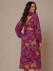 Long Sleeve V Neck Floral Abstract Midi Dress in Purple