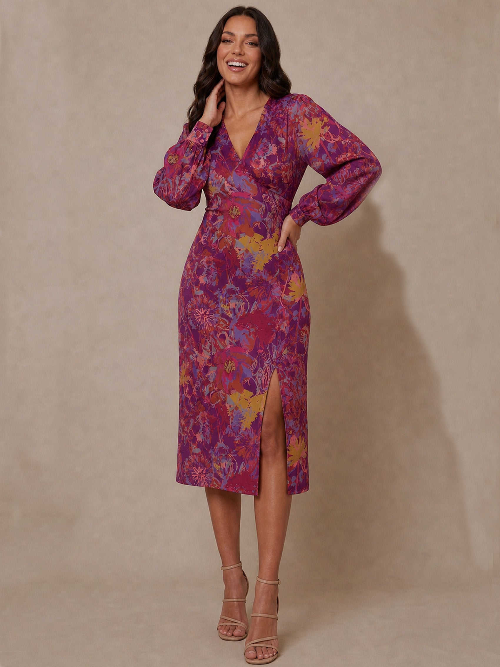 Long Sleeve V Neck Floral Abstract Midi Dress in Purple