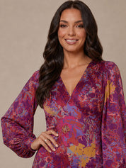 Long Sleeve V Neck Floral Abstract Midi Dress in Purple