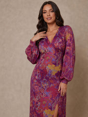 Long Sleeve V Neck Floral Abstract Midi Dress in Purple