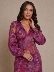 Long Sleeve V Neck Floral Abstract Midi Dress in Purple