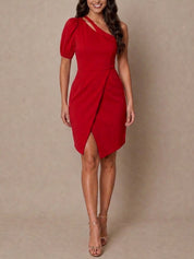 One Shoulder Puff Sleeve Bodycon Mini Dress in Red