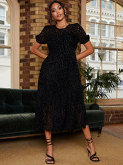 Short Sleeve Sheer Detail Dobby Midi Dress in Black