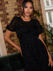 Short Sleeve Sheer Detail Dobby Midi Dress in Black