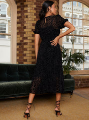 Short Sleeve Sheer Detail Dobby Midi Dress in Black