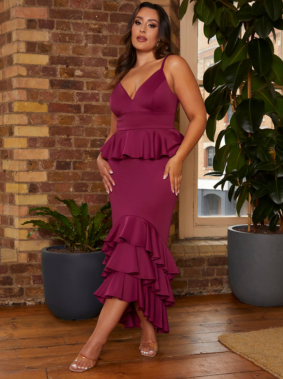 Cami Strap Ruffle Detail Bodycon Midi Dress in Berry