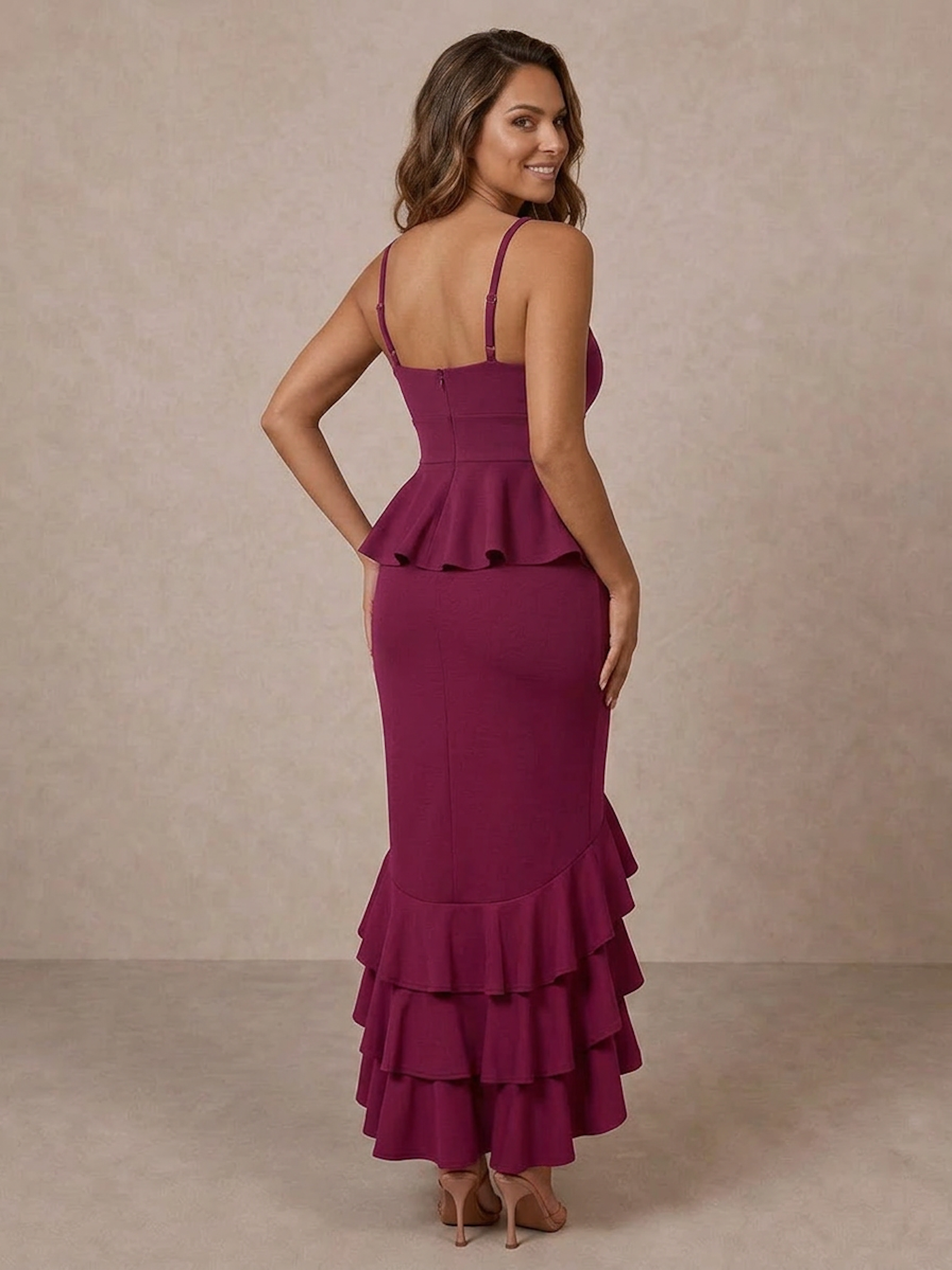 Cami Strap Ruffle Detail Bodycon Midi Dress in Berry