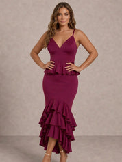 Cami Strap Ruffle Detail Bodycon Midi Dress in Berry