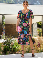 Short Sleeve Floral Midi Dress in Black