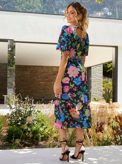 Short Sleeve Floral Midi Dress in Black