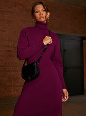 Oversized Roll Neck Knitted Dress in Berry
