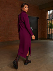 Oversized Roll Neck Knitted Dress in Berry