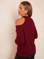 Cold Shoulder Knitted Rib Jumper in Burgundy