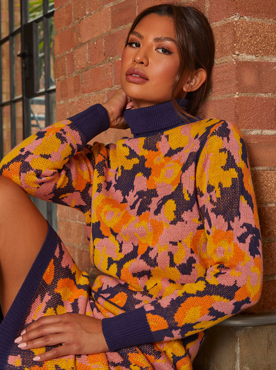 Abstract Floral Print High Neck Jumper in Multi