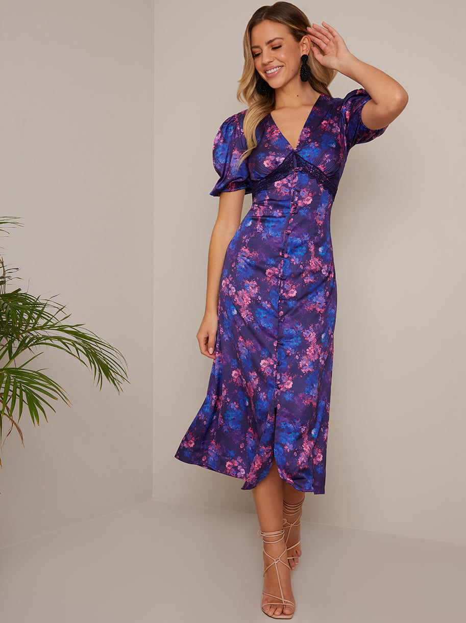 Puff Sleeve Lace Insert Floral Midi Dress in Purple | Chi Chi London UK Puff Sleeve Lace Insert Floral Midi Dress in Purple | Chi Chi London UK