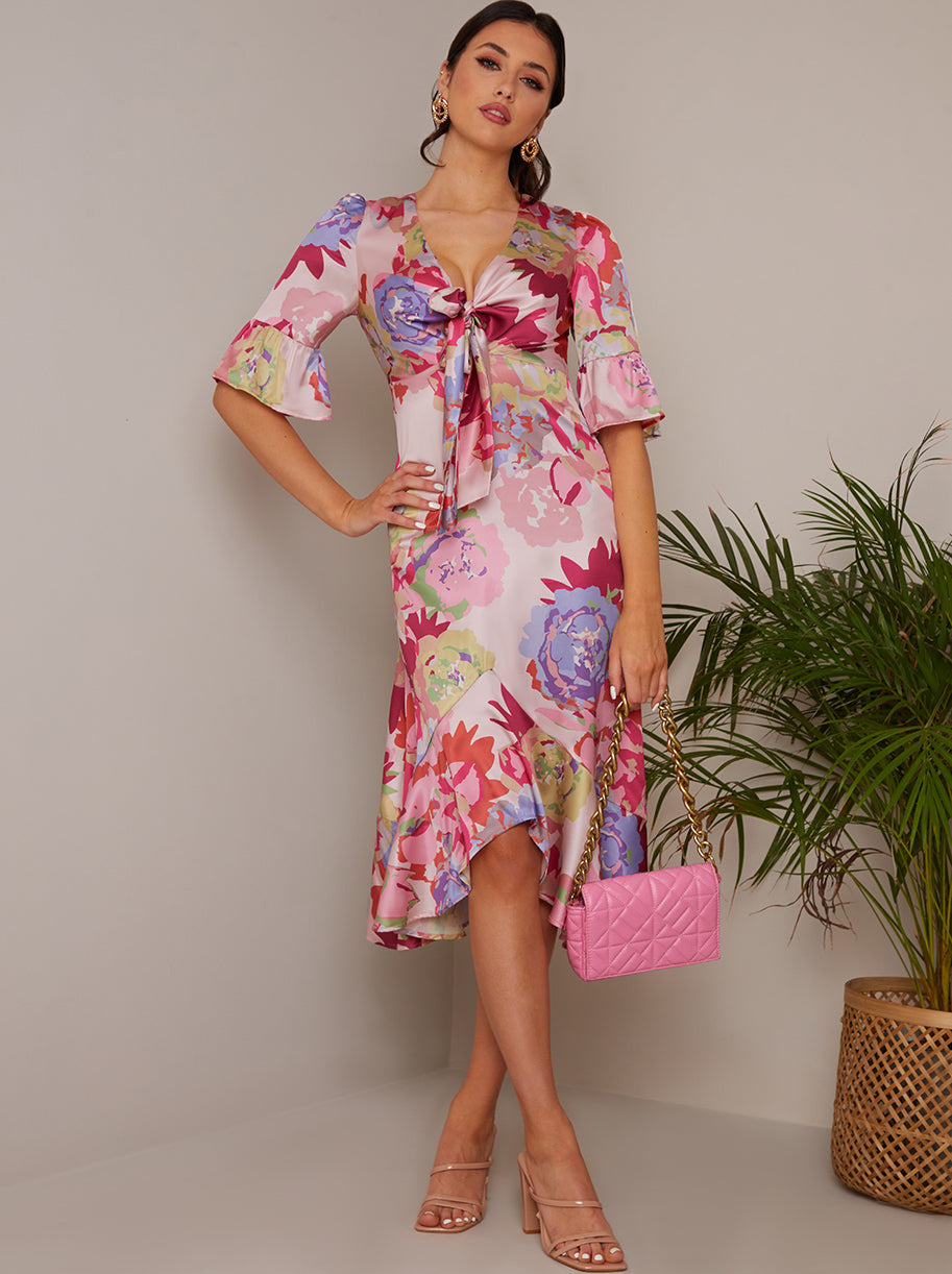 Short Sleeve Tie Front Floral Midi Dress in Pink