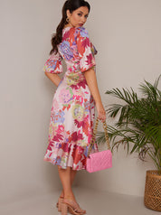 Short Sleeve Tie Front Floral Midi Dress in Pink