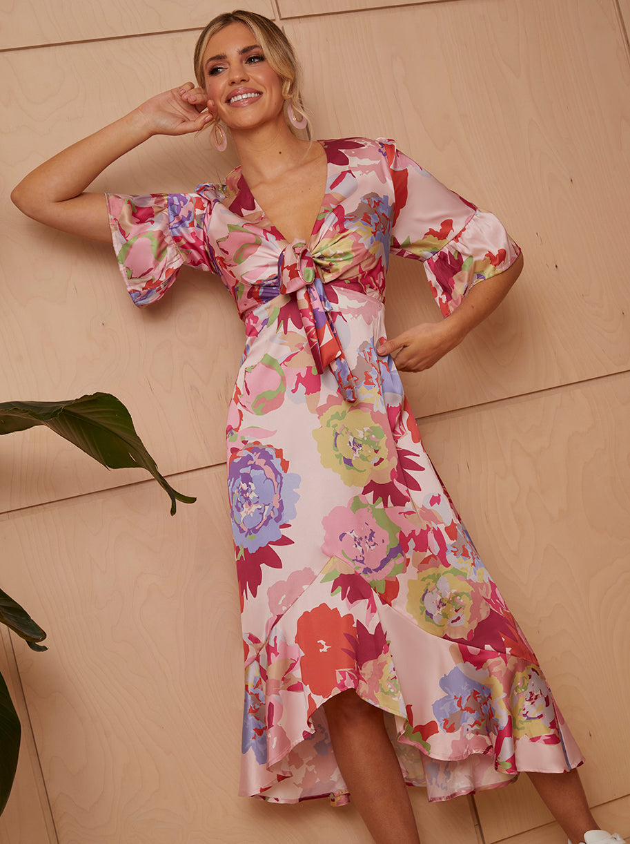 Short Sleeve Tie Front Floral Midi Dress in Pink
