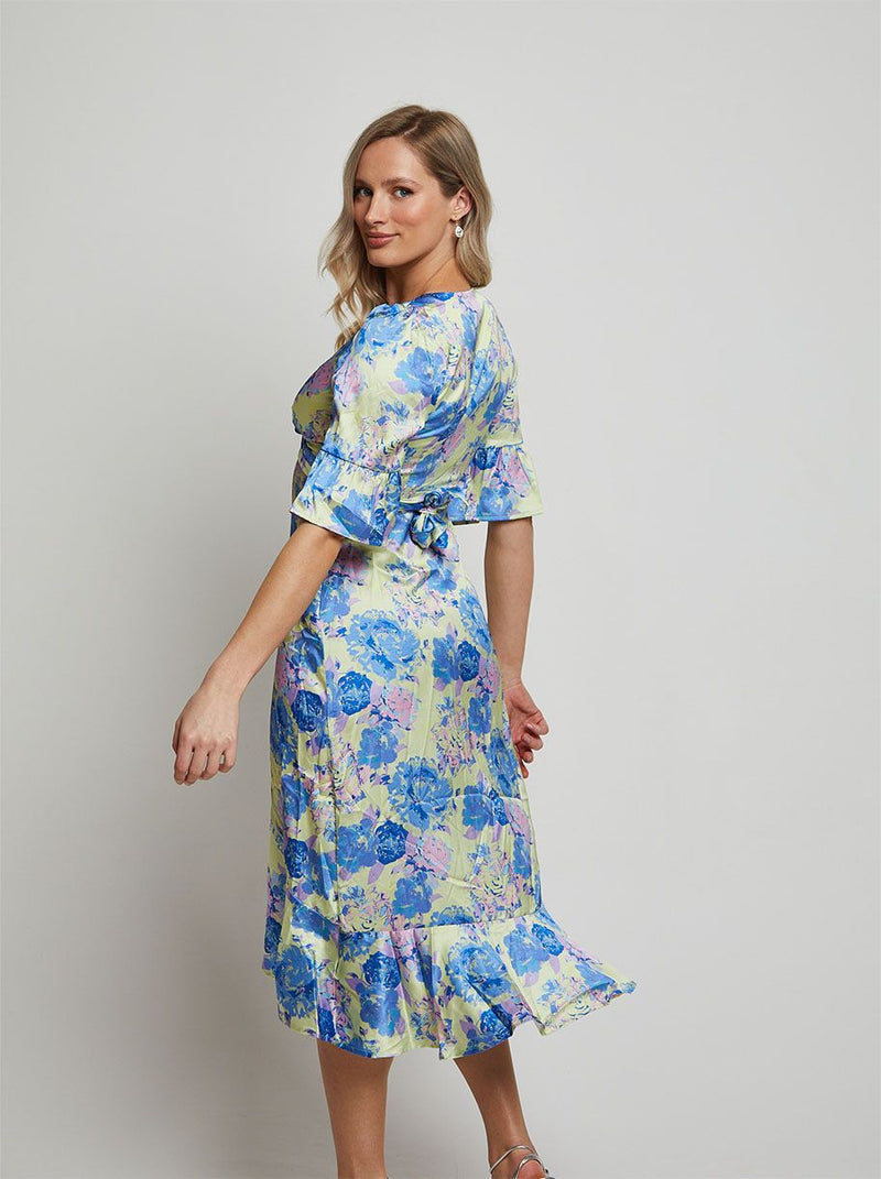Short Sleeve Tie Front Floral Midi Dress in Yellow