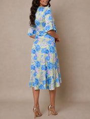 Short Sleeve Tie Front Floral Midi Dress in Yellow