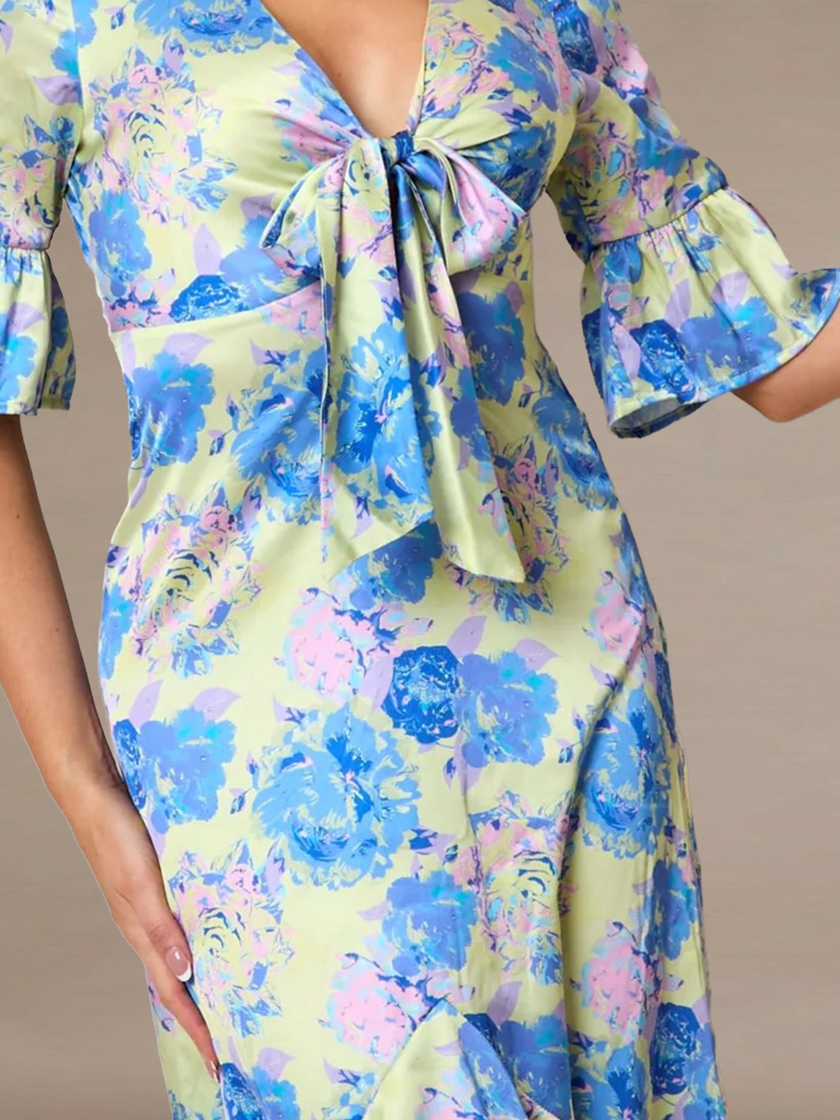 Short Sleeve Tie Front Floral Midi Dress in Yellow