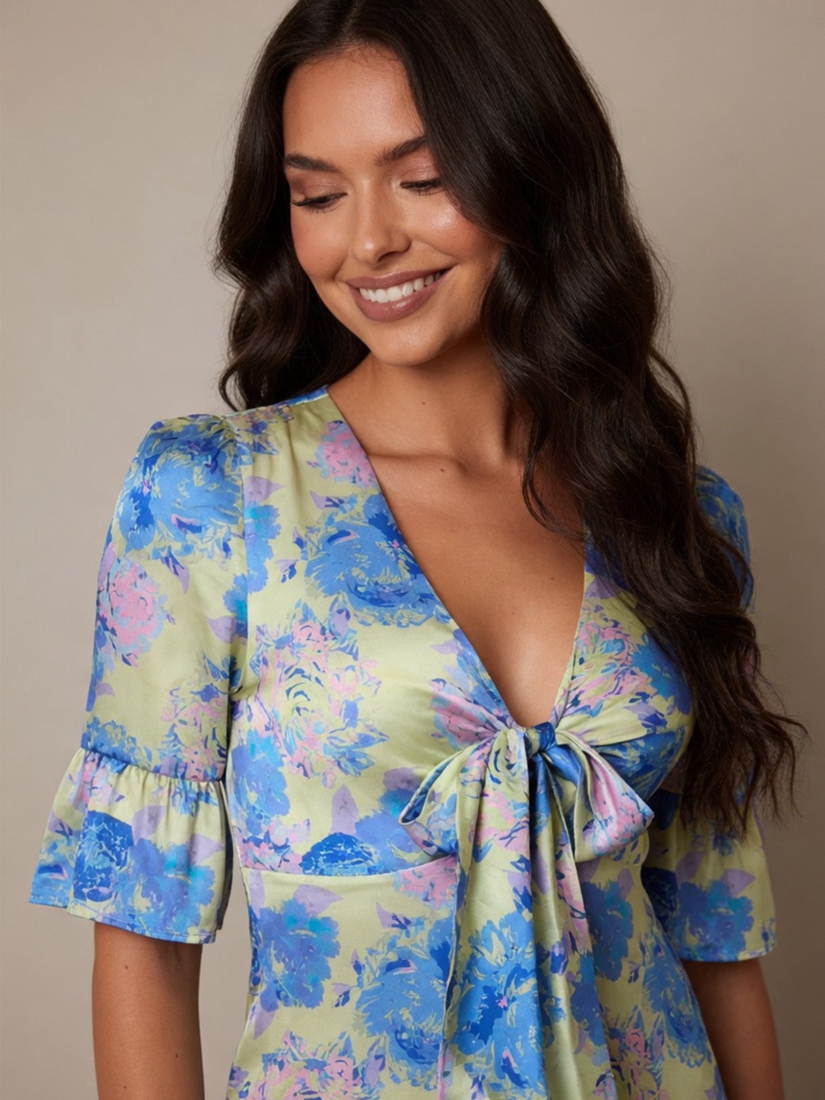 Short Sleeve Tie Front Floral Midi Dress in Yellow