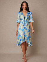Short Sleeve Tie Front Floral Midi Dress in Yellow