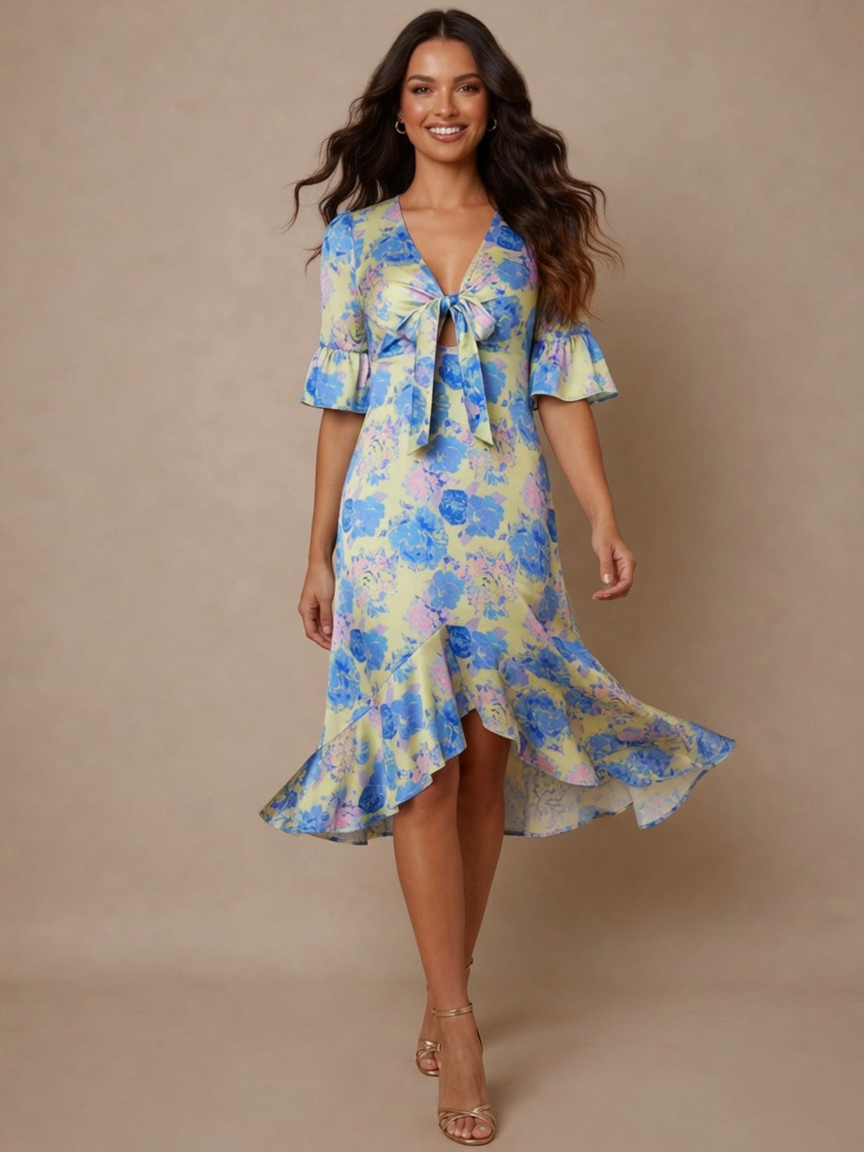 Short Sleeve Tie Front Floral Midi Dress in Yellow