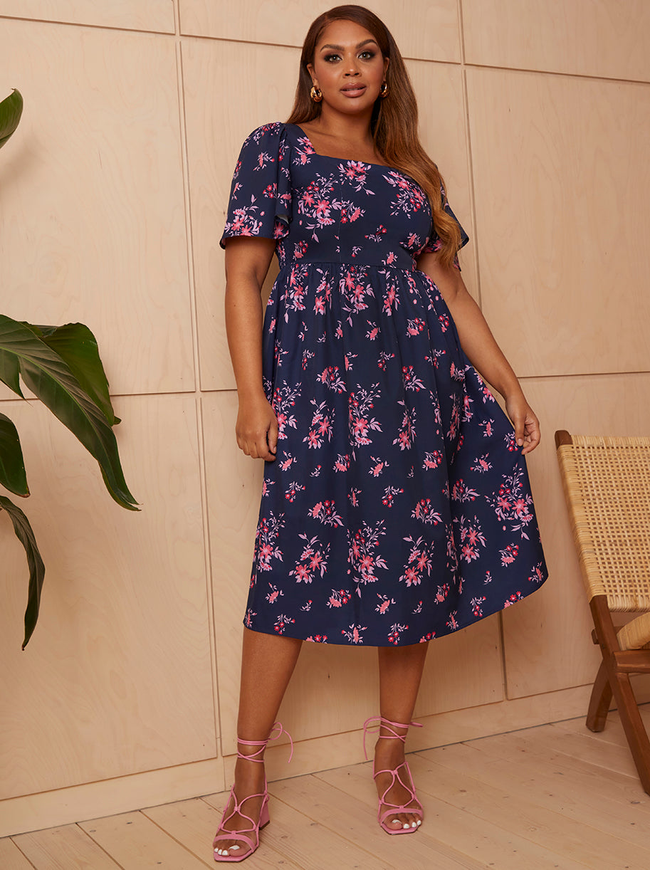 Square Neck Ditsy Floral Midi Dress in Navy