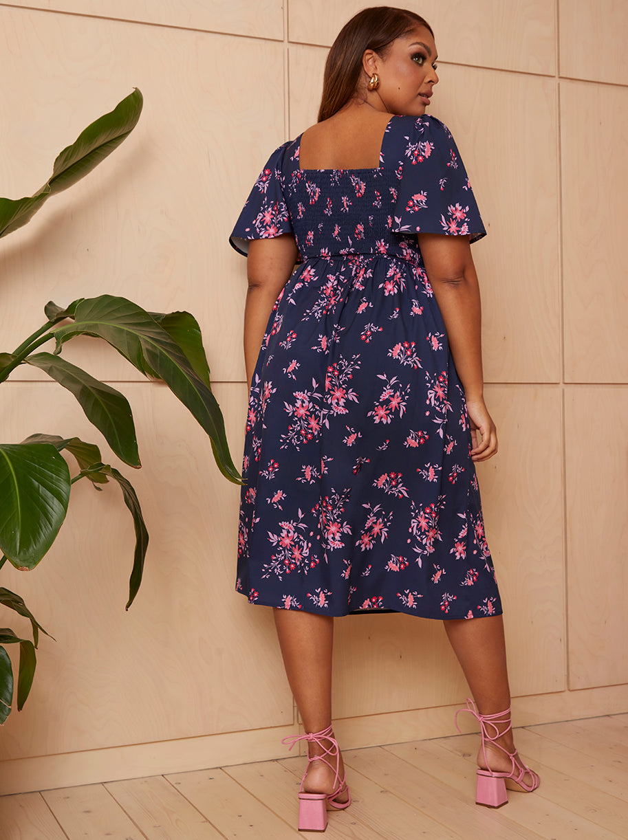 Square Neck Ditsy Floral Midi Dress in Navy