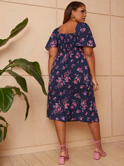 Square Neck Ditsy Floral Midi Dress in Navy
